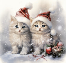 Two Cute Happy Kittens Wearing Santa Hats. Adorable Cats Sitting Next To Christmas Gift Boxes.