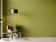 Living Room Or Buisness Hall Scene In Deep Green Colors. Combination Of Olive And Beige Brown. Empty Wall Blank - Olivegreen Background And Luxury Armchair. Premium Reception Area For Art. 3d Render