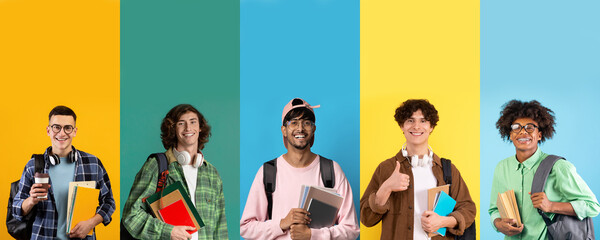 Poster - International group of happy guys students posing on colorful backgrounds