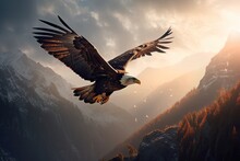 Majestic Eagle Flying Over Mountain Peaks At Dusk., Generative IA