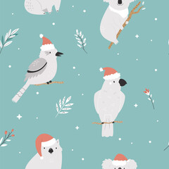 Wall Mural - Christmas seamless pattern with Australian animals in Santa hats