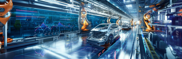 automated robotics futuristic electric cars factory production line as wide banners with statistics 