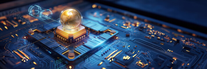 closeup on an advanced microchip or cpu of a powerful computer with world globe online connection as wide banner design with copy space area - Generative AI