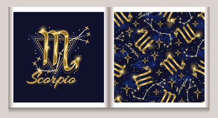 Wall Mural - Pattern, label with gold icon of zodiac sign Scorpio, constellation with stars, third eye, text, triangle as alchemical symbol of water element. Mystic esoteric concept. Vintage style.