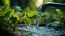 Faucet Water Drop Close Up A Blurred Natural Background Generative AI