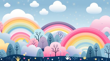 Wall Mural - rainbow in the sky. pattern with rainbow and clouds. seamless pattern on the theme of rainbow and clouds, vector illustration, generative AI