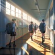 © tilialucida - A group of young people walking down a hallway. Digital image. Back to school concept illustration.