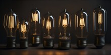 Realistic Retro Light Bulbs Set. Decorative Vintage Design Edison Lightbulbs Of Different Shapes. Lamps In Antique Style With Copper. Generative AI, Generative, AI