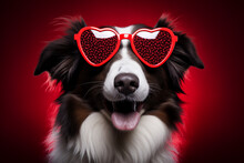 St. Valentine's Day Concept. Funny Portrait Cute Puppy Dog Border Collie With A Heart Shaped Sunglases. High Quality Photo