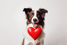 Adorable Border Collie Dog With Hear Shape Balloon Isolated. Love And Romance, Valentine's Day Concept. High Quality Photo