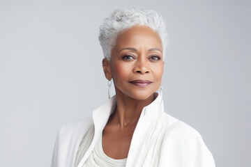 Beautiful African American mid aged mature woman portrait isolated on white. Mature old lady close up. Healthy face skin care beauty, middle age skincare cosmetics, cosmetology concept.