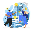 © Mental Health - Man and woman catching coins concept. Young guy and girl with nets near cash. Financial literacy and passive income, casual earnings. Income and wage. Cartoon flat vector illustration