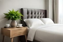 Cup Of Coffee, Tea On Wooden Night Stand. Green Bouquet Of White Viburnum, Fern And Solomons Seal Flowers. Bedroom View. Beige Pillows, Linen Blanket In Bed. Elegant Moulding. Empty Wall Mockup, Brigh