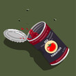 empty and dented tin of tomato puree with flies around it
