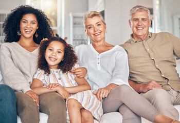 Poster - Portrait, family and grandparents, kid and mother in home, bonding and relax together in living room. Interracial mom, grandpa and grandma with girl, smile and happy with care, love and quality time