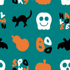 Wall Mural - Happy halloween seamless pattern with pumpkins, cats and skeletons. Perfect print for paper, stationery. Doodle vector illustration for decor and design.