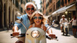 © OpticalDesign - Retired senior granddad and granddaughter on a scooter, happy enjoying Italy vacation, mediterranean europe country and pension plan concept, retirement