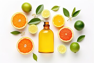 Poster - citrus fruits with glass bottle.