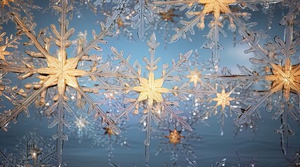 Wall Mural - Frozen golden snowflakes, winter background. Generative AI