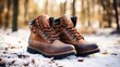 © MiaStendal - Winter men's boots on the snow. Generative AI