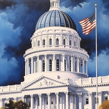 California State Capitol In Sacramento, California, With American Flag