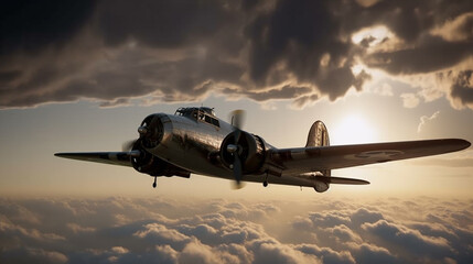 vintage plane flying above cloudy sky. Generative AI