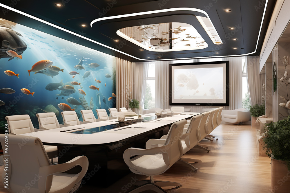 Meeting room interior design, modern conference table and aquarium ...