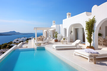 Wall Mural - Modern hotel with pool and view of Mediterranean Sea in Greek style