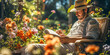 man wearing a straw hat reading newspaper while relaxing at a sunny day in the garden