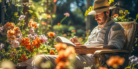 man wearing a straw hat reading newspaper while relaxing at a sunny day in the garden