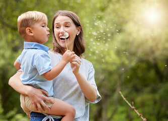 Sticker - Nature, mother and child blowing dandelion for wishing, hope and childhood in meadow together. Spring, family and happy mom with boy with wildflower in field for adventure, freedom and happiness