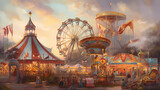 Fototapeta  - A lively and colorful carnival in full swing, with a vibrant Ferris wheel, merry-go-round, and bustling game stalls, children's laughter fills the air, and cotton candy and popcorn stands offer deligh