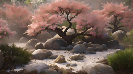 Wall Mural - A tranquil and serene meditation garden, with a Zen rock arrangement, carefully raked gravel, and a small stream flowing gently, cherry blossom trees in full bloom add a touch of color and serenity, P