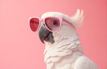 Closeup Of White Cockatoo Parrot Wearing Sunglasses. Domestic Pet Bird, Animal. Solid Pink Pastel Background. Tropical Summer Vacation Concept, Web Banner. Funny Birthday Party Card, Invitation. 