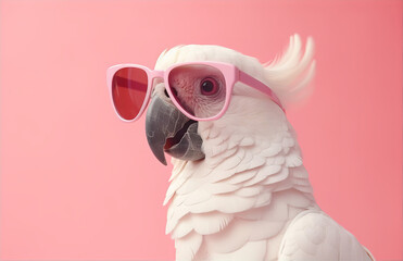 Closeup of white cockatoo parrot wearing sunglasses. Domestic pet bird, animal. Solid pink pastel background. Tropical summer vacation concept, web banner. Funny birthday party card, invitation. 