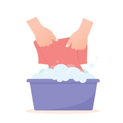 handwashing clothes in a basin with water and soap foam -vector illustration