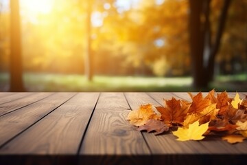 Wall Mural - Beautiful autumn landscape with Colorful foliage in the park. Falling leaves on a wooden desk natural background | Generative AI