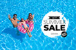 © New Africa - Hot summer sale flyer design. Family with inflatable ring in swimming pool and text