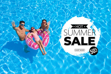 hot summer sale flyer design. family with inflatable ring in swimming pool and text