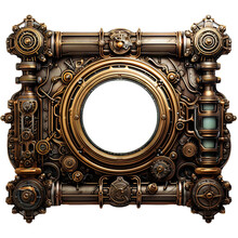 Metallic Frame With Vintage Machine Gears And Cogwheel. Isolated On Transparent Background. Mock Up Template.