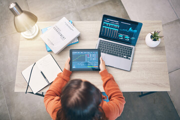 Canvas Print - Woman at desk with laptop, tablet and data analytics for research in business management in stock market trading. Technology, dashboard app to study graphs and charts, trader in office from above.