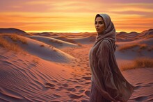 Woman In The Desert. Background With Selective Focus And Copy Space. AI Generated, Human Enhanced