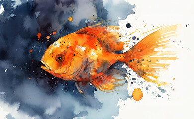 Wall Mural - Watercolor illustration of a goldfish swimming into dark watercolor paint with splashes on a white background , generative AI