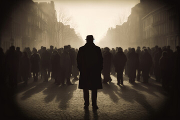 A silhouetted figure hands in his pockets walking slowly down a street full of people looking at each with an understanding eye