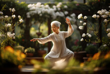 A Senior Woman Practicing Tai Chi In A Serene Garden, Embodying Balance, Inner Peace, And The Benefits Of Mindful Movement. Generative AI