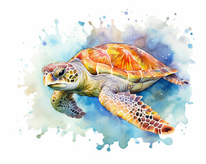 Wall Mural - Sea turtle full world watercolor world quick sketch color painting transparent paints paper, tone parchment, cardboard, silk, ivory watercolor with whitewash, gouache, sanguine painting, pastel