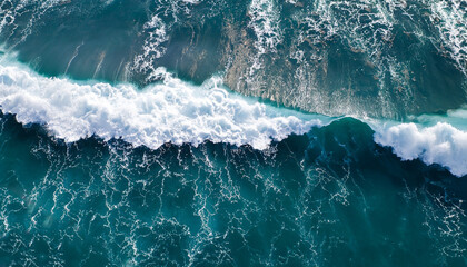 Wall Mural - Spectacular aerial top view background photo of ocean sea water white wave splashing in the deep sea. Drone photo backdrop of sea wave in bird eye waves.