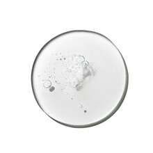 Texture Swatch Of Glycerin Gel Transparent Hyaluronic Acid Serum On White Isolated Background, Macro. Detergent, Cosmetics, Laboratory. A Round Drop