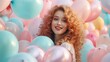 © mimi - Creative colorful sweet, street party concept of a young girl in a bunch of helium balloons. Beautiful colorful balls as a symbol of fun and love. Generative AI.