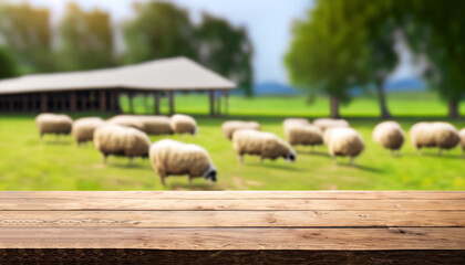 The empty wooden brown table top with blur background of sheep pasture.